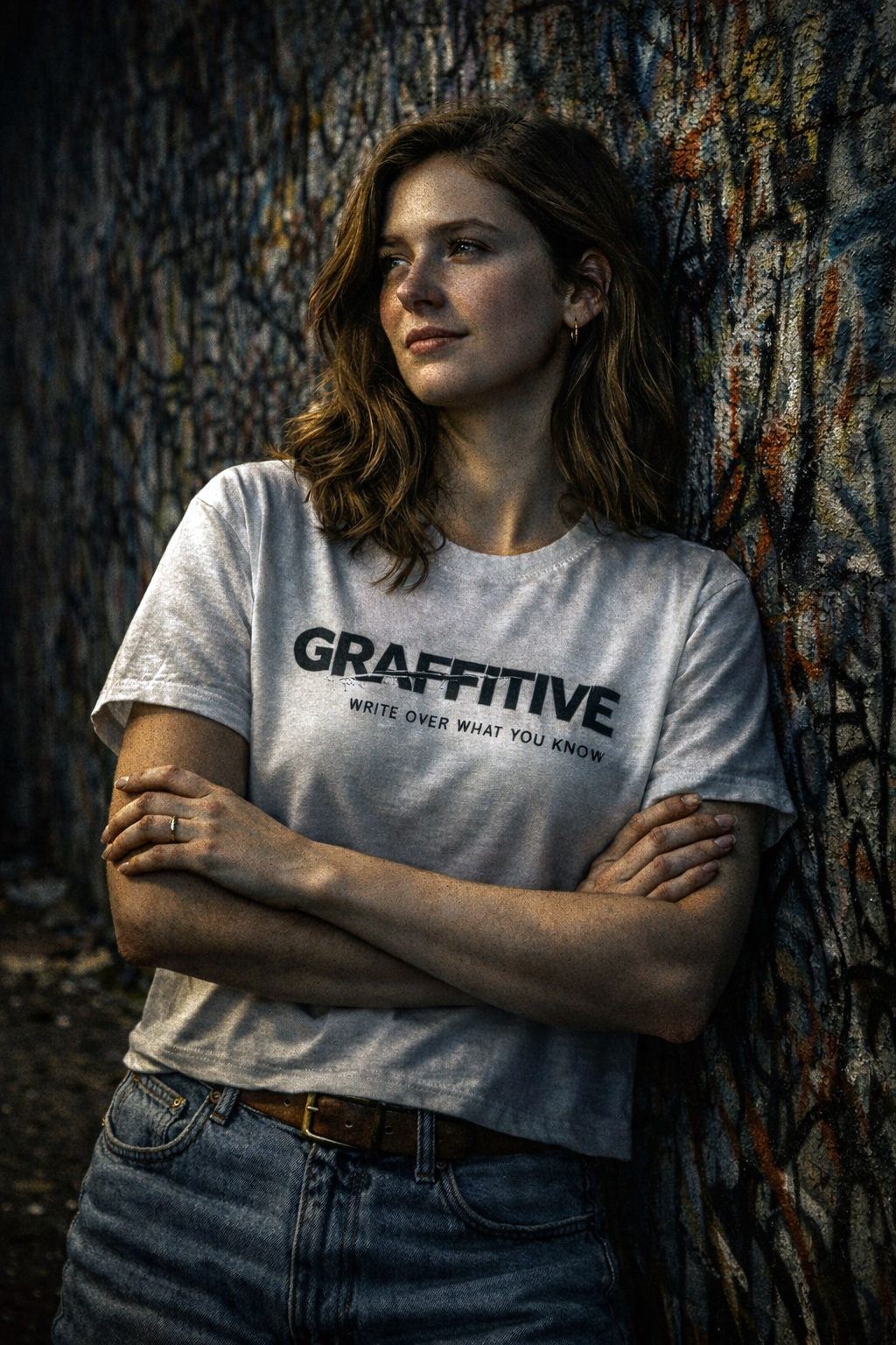 Woman in a GRAFFITIVE t-shirt leaning against a graffiti-covered wall, looking away in thought